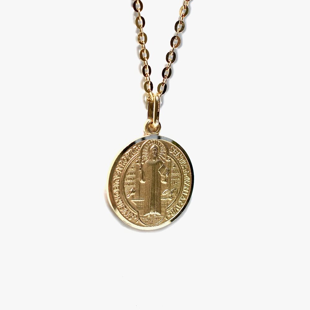 SOLID 14K YELLOW GOLD ST SAINT BENEDICT 17 MM MEDAL WITH CROSS, MADE IN ITALY - Picture 7 of 7